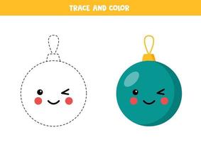 Trace and color kawaii Christmas bauble. Writing skills practice. vector