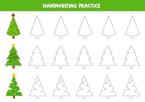 Writing skills practice. Tracing lines with Christmas trees. vector