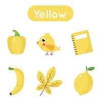 Flash cards with objects in yellow color. Educational printable worksheet. vector