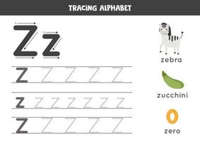 Z is for zebra, zero, zucchini. Tracing English alphabet worksheet. vector