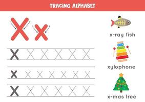 Handwriting practice with alphabet letter. Tracing X. vector