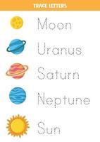 Tracing letters with solar system planets. Writing practice. vector