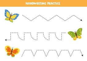 Trace the lines with cute butterflies. Writing practice. vector