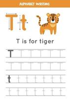 Tracing alphabet letter T with cute cartoon tiger. vector