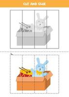 Cut and glue game with box with toy rabbit and drum. vector