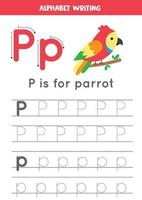 P is for parrot. Tracing English alphabet worksheet. vector