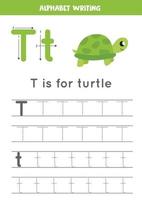 T is for turtle. Tracing English alphabet worksheet. vector