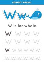 W is for whale. Tracing English alphabet worksheet. vector