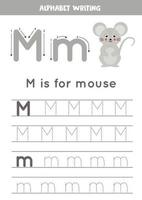 M is for mouse. Tracing English alphabet worksheet. vector