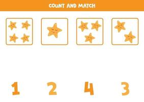 Counting game with cute cartoon starfish. Math game. vector