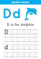 D is for dolphin. Tracing English alphabet worksheet. vector