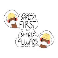 la seguridad es lo primero, la seguridad siempre frase escrita a mano con trabajadores en mascarillas vector