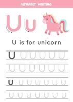 Tracing English alphabet. Letter U is for unicorn. vector