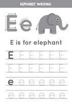 rastreo del alfabeto inglés. la letra e es para elefante. vector