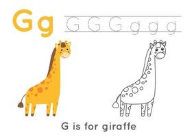 Coloring page with letter G and cute cartoon giraffe. vector