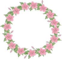 Vector wreath of many delicate pink flowers and foliage. Spring frame has a place for text inside