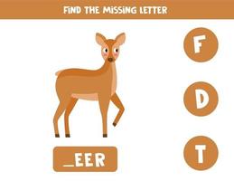 Find missing letter with cute cartoon deer. vector
