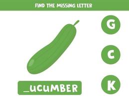 Find missing letter and write it down. Cute cucumber. vector