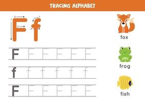 F is for fox, frog, fish. Tracing English alphabet worksheet. vector