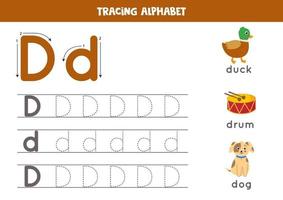 Handwriting practice with alphabet letter. Tracing D. vector