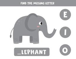 Find missing letter and write it down. Cute cartoon elephant. vector