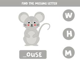 Find missing letter and write it down. Cute cartoon mouse. vector