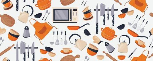 patrón transparente de vector con varios accesorios de cocina sobre un fondo blanco. utensilios de cocina. una olla, una tetera, cuchillos, platos, tazas ...
