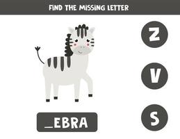 Find missing letter with cute cartoon zebra, vector