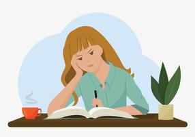 Vector illustration of a girl at a desk. The student thought about doing her homework. The concept of heavy, impossible homework. Drawing in a flat style.