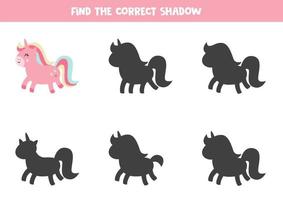 encuentra la sombra derecha del unicornio de dibujos animados lindo.