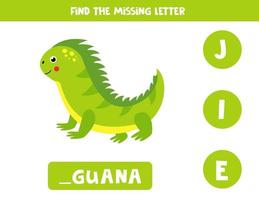 Find missing letter and write it down. Cute iguana. vector