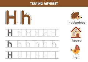 Tracing alphabet letter H with cute cartoon pictures. vector