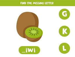 encontrar la letra que falta en la palabra. kiwi de dibujos animados lindo. vector