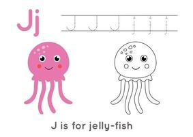 Coloring and tracing page with letter J and cute cartoon jelly fish. vector