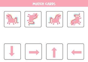 Match orientation arrows with cute pink unicorns. vector