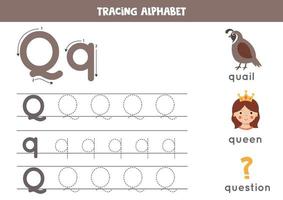 Handwriting practice with alphabet letter. Tracing Q. vector