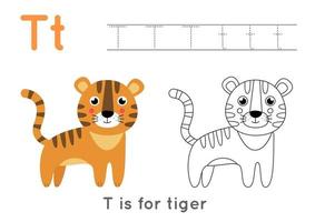 Coloring and tracing page with letter T and cute cartoon tiger. vector