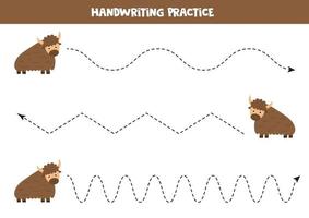 Tracing lines with cute cartoon yak. Handwriting practice. vector