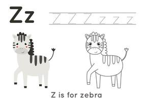 Coloring and tracing page with letter Z and cute cartoon zebra. vector