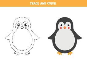 Trace and color cute penguin. Worksheet for kids. vector