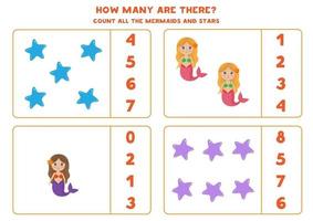 Counting game with mermaids and sea stars. Math worksheet. vector