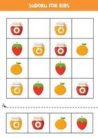 Sudoku game with colorful jam jars with fruits. vector