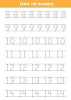 Tracing numbers from eight to fourteen. Writing practice. vector