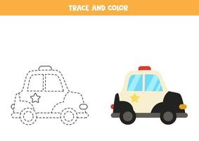 Trace and color cartoon police car. Worksheet for kids. vector