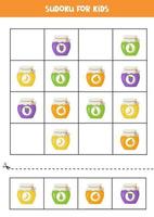 Sudoku game with colorful jam jars with fruits. vector