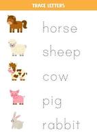 Tracing letters with cute farm animals. Writing practice. vector