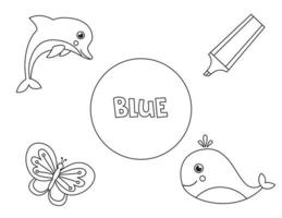 Color all blue objects. Learning basic colors for kids. vector