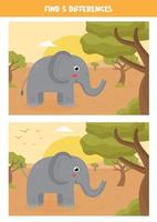 Find 5 differences between two cute elephants. vector