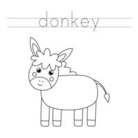 Tracing letters with cute farm donkey. Writing practice. vector