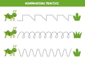 Trace the lines with cute grasshopper and grass. Writing practice. vector